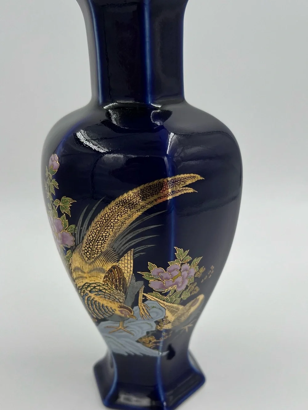 Vintage Japanese Blue Cobalt Porcelain Floral Gold Pheasant Vase 8” Tall